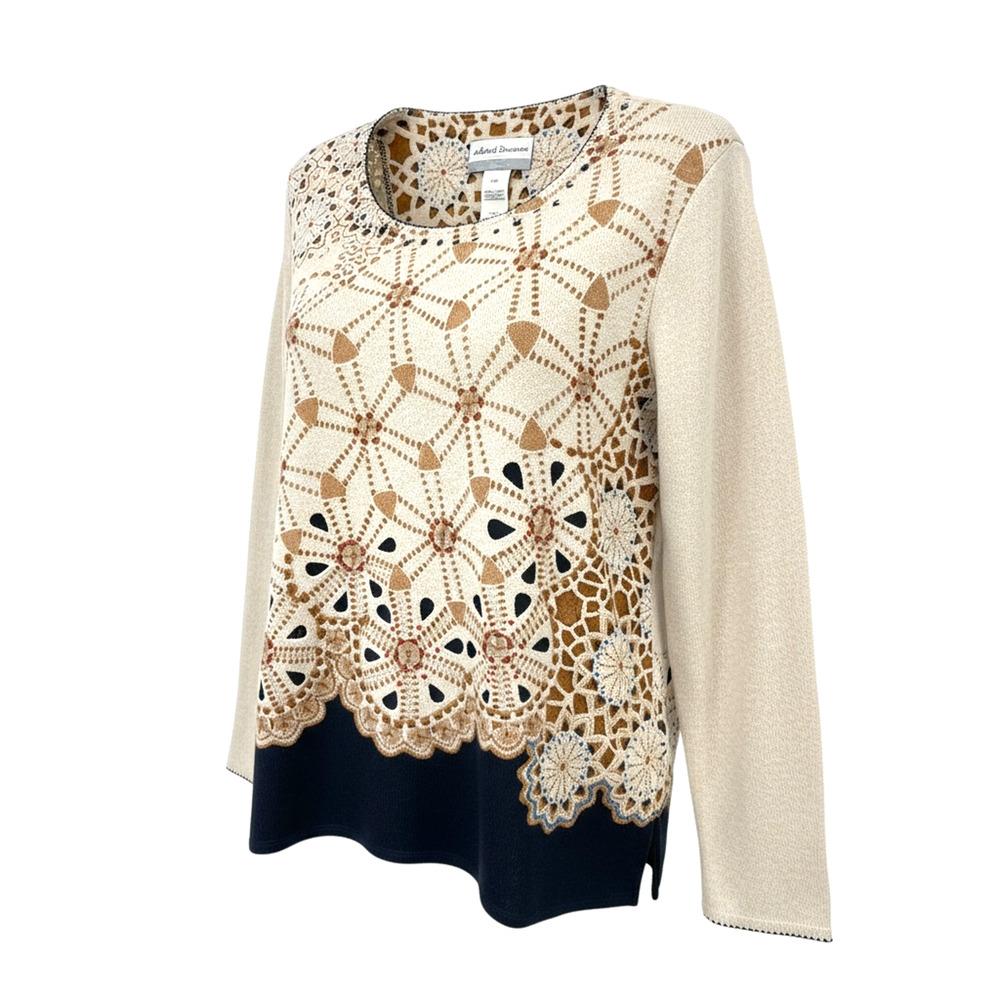 Alfred Dunner Petite Navy Multicolor Jewel Neckline Knit Sweater PXL